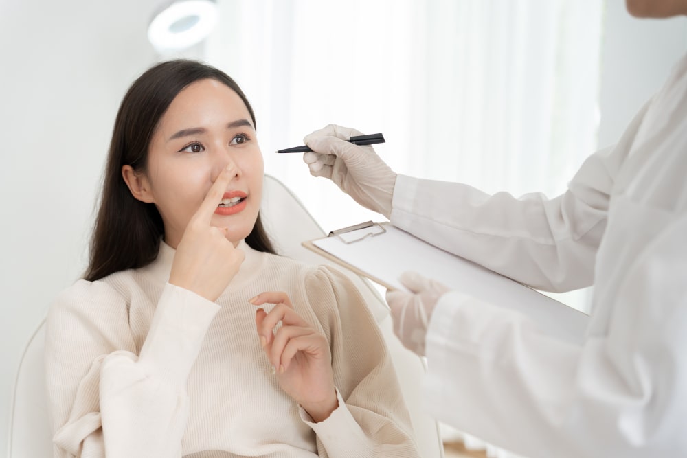 Facial plastic surgeon using advanced ultrasonic rhinoplasty techniques Plastic surgeon preparing for ultrasonic rhinoplasty with modern tools